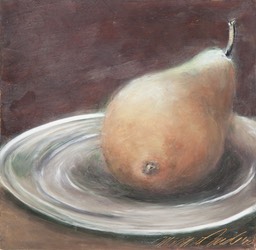 Pear on Glass Plate, oil pastel on paper, 8" x 8"
